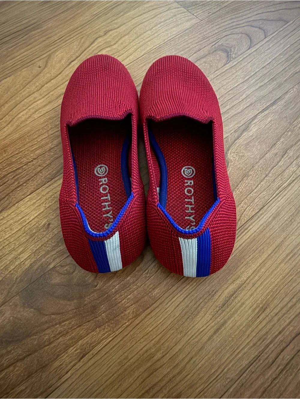 Rothy's For Girls  The Loafer Red Flats With Cobalt Trim Slip-On Shoes Size 12